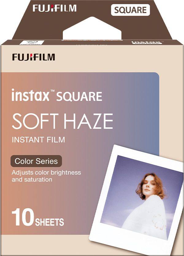 The retail pack for instax SQUARE SOFT HAZE film: 10 sheets, with a sample portrait print showing the film's softer, warmer rendering.