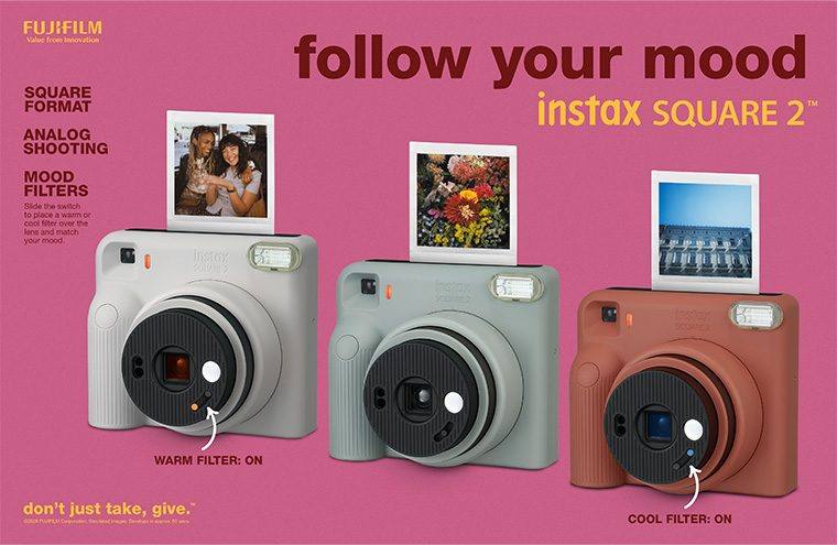 The instax SQUARE 2 in its three launch colours, each ejecting a square print, in Fujifilm's key visual for the camera announced on October 14, 2026.