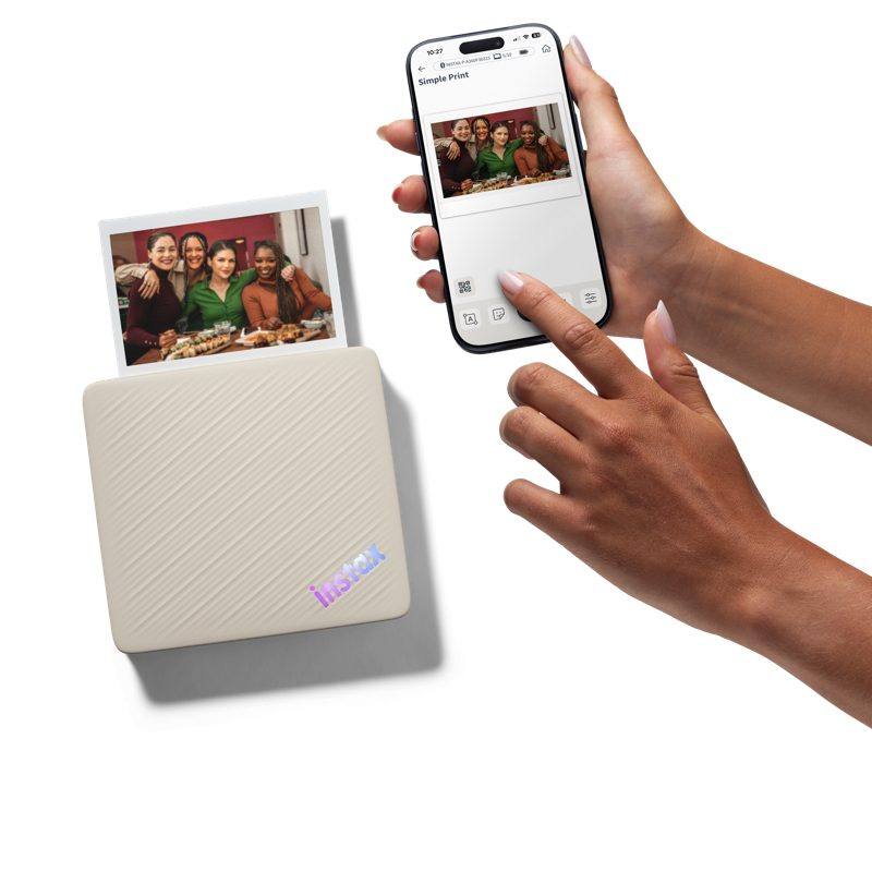 The instax Link WIDE 2 smartphone printer in Duo Beige: Photo Mixer collages, QR Print mode and over 1,600 stickers, priced at $179.95.