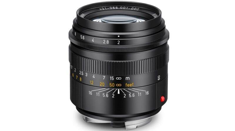 The Leica Summicron-M 66 f/2 in the Classic Line, angled view showing the aperture ring, the dual feet and metres distance scales and the depth of field scale.