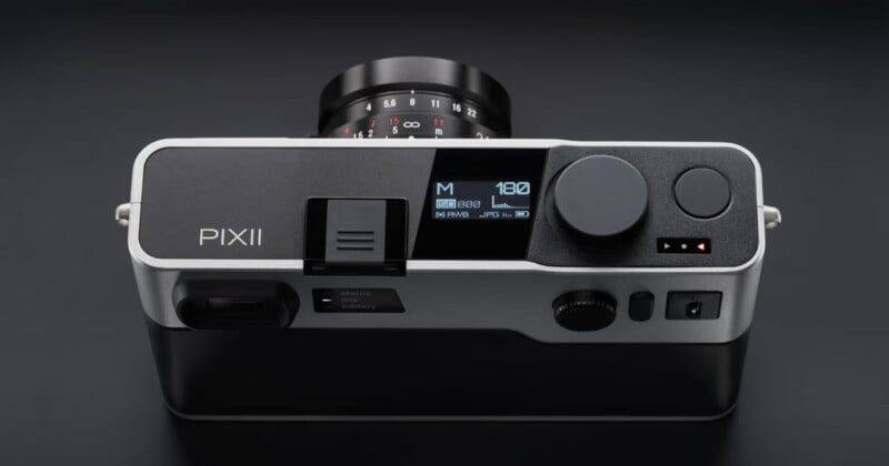 The Pixii Max, the French maker's 24.5-megapixel full frame digital rangefinder with a Leica M mount, showing its top plate status display.
