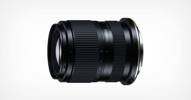 The Tamron 16-50mm F2.8 A (Model B091) in side profile, showing the zoom and focus rings and the focal length scale running from 16mm to 50mm.